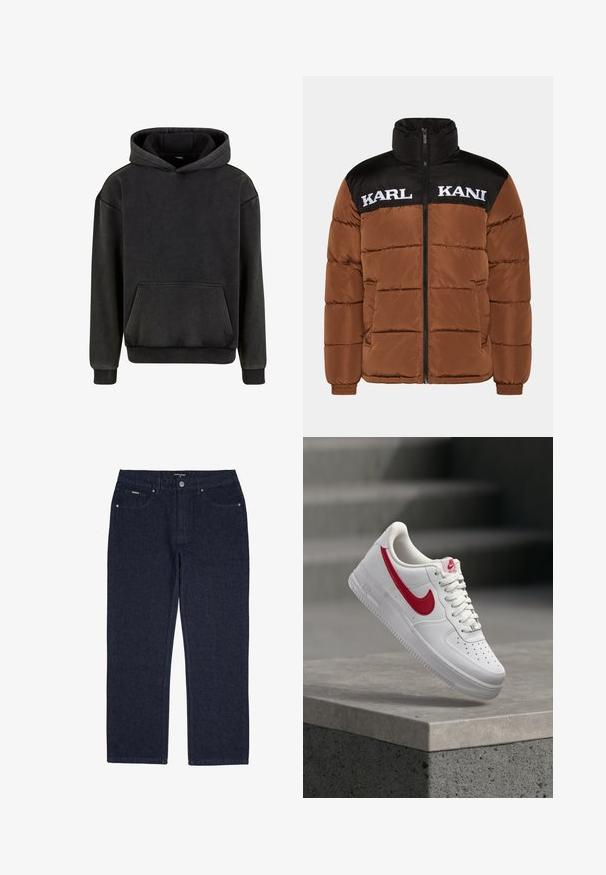 Bruine pufferjack met zwarte bovensectie. Heeft een hoge kraag, een ritssluiting aan de voorkant, witte logo-tekst en gewatteerde vulling.; Urban Classics Hoodie - magnet; Donkerblauwe denim spijkerbroeken met rechte pijpen, knoopsluiting aan de voorkant, riemlussen en een ontwerp met vijf zakken.; Witte Nike Air Force 1 sneaker met rood swoosh-logo zwevend boven een betonnen rand en trappen op de achtergrond.