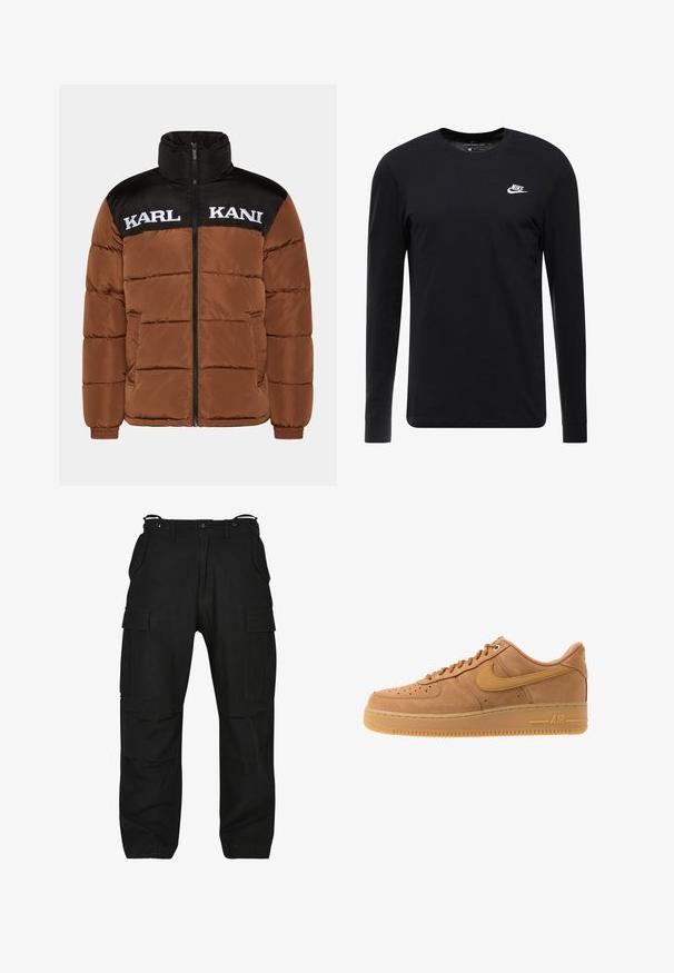 Brun pufferjakke med sort øverste sektion. Har høj krave, lynlås foran, hvid logo-tekst og quilted polstring.; Sort langærmet T-shirt lavet af bomuld, med rund hals, ribbede manchetter og et lille hvidt Nike-logo på brystet.; Sorte cargo bukser lavet af slidstærkt stof. Har flere lommer, en afslappet pasform og lynlås med knaplukning. Forstærket syninger ved sømmene.; Nike Sportswear AIR FORCE 1 07 - Sneakers - flax/wheat/light brown/black/team gold