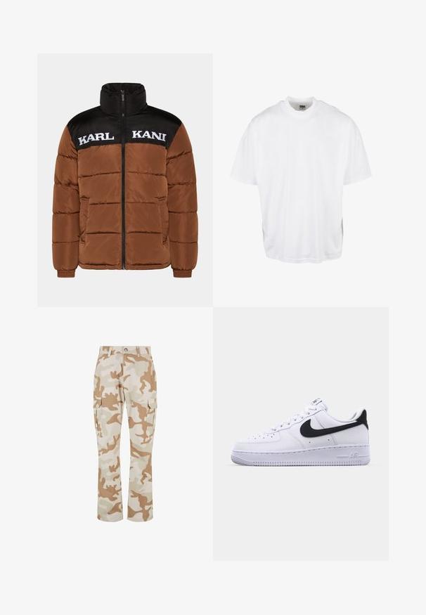 Veste doudoune marron avec une partie supérieure noire. Présente un col montant, une fermeture éclair à l'avant, un texte logo blanc et un rembourrage matelassé.; T-shirt en coton blanc avec une coupe décontractée, des manches courtes et un col rond, présentant un ourlet droit et sans graphiques ni motifs visibles.; Pantalons cargo beige en camouflage avec poches latérales, fabriqués en tissu à la texture lisse, présentant une coupe droite et une fermeture à bouton.; Sneaker en cuir blanc avec un Swoosh noir texturé, des lacets plats et une semelle en caoutchouc avec un motif strié. "AIR" est embossé sur le talon.