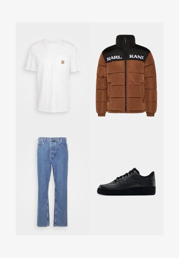 Braune Pufferjacke mit schwarzem oberen Abschnitt. Verfügt über einen hohen Kragen, einen frontalen Reißverschluss, weißen Logotext und gestepptes Futter.; Weißes Baumwoll-T-Shirt mit kurzen Ärmeln, einer Brusttasche und einem kleinen quadratischen Logopatch in Orange und Weiß auf der Tasche.; Blaue Denim-Jeans mit geradem Schnitt, fünf Taschen, Gürtelschlaufen und Knopfverschluss. Der Stoff hat eine weiche, strukturierte Oberfläche.; Schwarzer Nike Air Force 1 Schuh mit einem glatten Lederoberteil, perforierter Zehenpartie für Atmungsaktivität, schwarzen Schnürsenkeln und einer strukturierten Gummisohle.