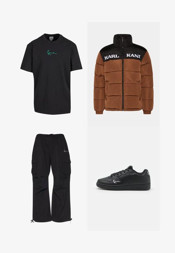 Veste doudoune marron avec une partie supérieure noire. Présente un col montant, une fermeture éclair à l'avant, un texte logo blanc et un rembourrage matelassé.; T-shirt en coton noir à manches courtes et col rond. Présente un graphique signature vert "Kanye" sur le devant. Dos uni et coupe décontractée.; Pantalons cargo noirs en tissu léger, dotés d'une taille élastique avec cordon de serrage, de poches latérales et de poignets ajustables.; Baskets noires en matériau synthétique, avec un design perforé, des lacets plats, une semelle en caoutchouc et des accents blancs distinctifs.