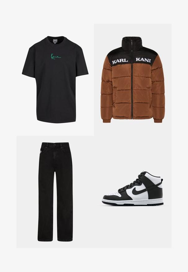 Brun pufferjakke med sort øverste sektion. Har høj krave, lynlås foran, hvid logo-tekst og quilted polstring.; Sort bomulds T-shirt med korte ærmer og rund hals. Har grøn "Kanye" signatur grafik foran. Ensfarvet bagpå og afslappet pasform.; Sorte denim jeans med lige ben, der har forlommer, lukning med knap og en diskret logo-patch på taljen.; Sort og hvid høj-top sneakers med læderoverdel, perforeret tåboks, fremtrædende swoosh-logo og struktureret gummisål.