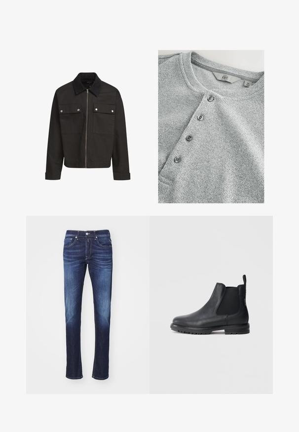 Zwarte ritssluiting jacket met corduroy kraag, twee borstflapzakken met zilveren drukknoopjes en lange mouwen met manchetten.; Grijze gebreide shirt met lange mouwen en een ronde halslijn, vijf knopen sluiting, ribbelstructuur en een slim fit ontwerp. Label geeft maat M aan.; Donkerblauwe denim jeans met een rechte pijp, voorzien van vijf zakken, een knopenrits en subtiele vervaging langs de dijen.; Zwarte leren Chelsea boots met elastische zijinzetten, een afgeronde neus en een gestructureerde rubberen zool. Achteraan een treklipje voor gemakkelijk aan- en uittrekken.