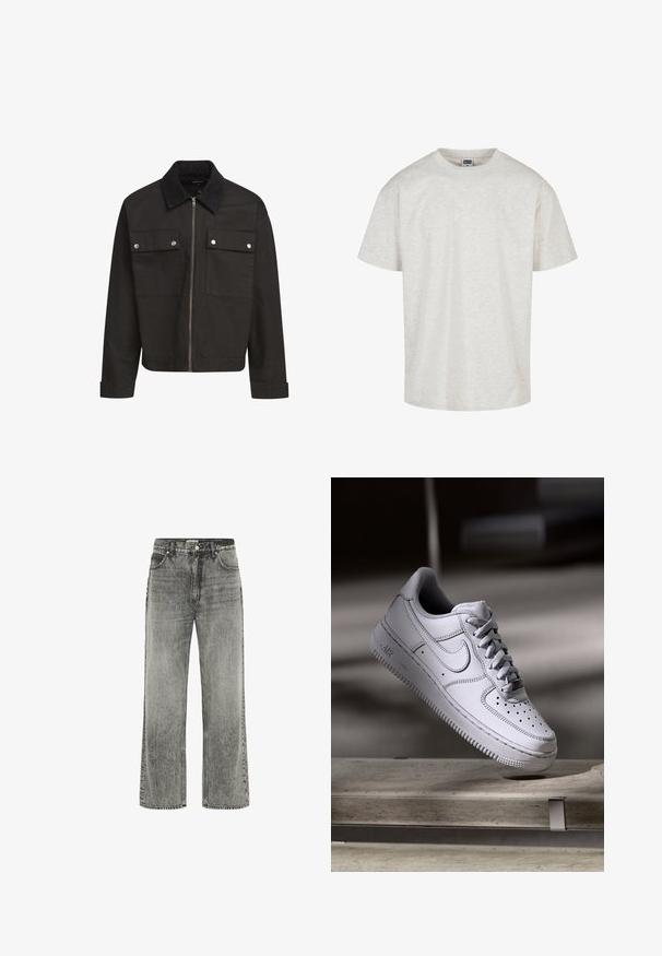 Sort lynlåsjakke med kordfløjlskrave, to brystlommer med klap og sølvtryklåse, samt lange ærmer med manchetter.; Lys grå bomulds T-shirt med kortærmer, rund halsudskæring og afslappet pasform. Tekstureret stof med et subtilt meleret mønster.; Grå vide benjeans lavet af denimbomuld med en falmet overflade. Har forlommer, bæltestropper og en lynlås med knappelukning.; Hvid læder Nike Air Force 1 sneaker med perforeret tå, flade snørebånd og tekstureret gummisål med "AIR" branding på siden.