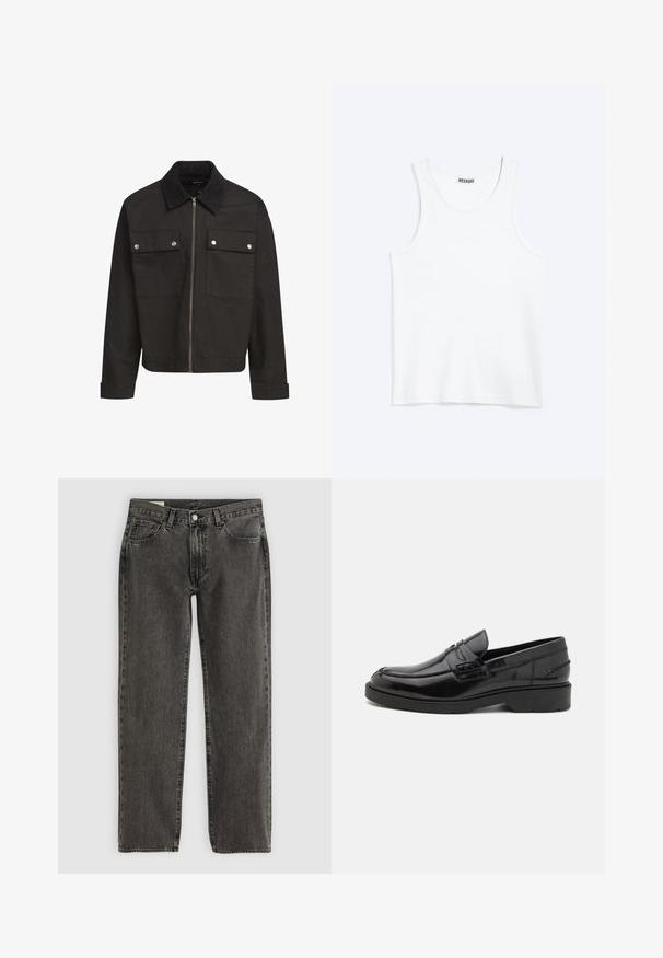 Veste zippée noire avec col en velours côtelé, deux poches poitrine à rabat avec boutons-pression en argent, et manches longues avec poignets.; Débardeur blanc sans manches avec col rond et étiquette de la marque Weekday à l'intérieur du col arrière, présenté à plat sur un fond clair.; Jean droit noir délavé avec cinq poches, fermeture à bouton et passants de ceinture, posé à plat sur un fond blanc.; Mocassins en cuir noir avec une finition lisse, un bout rond, un petit talon et descoutures décoratives à l'avant. Semelle en caoutchouc pour l'adhérence.