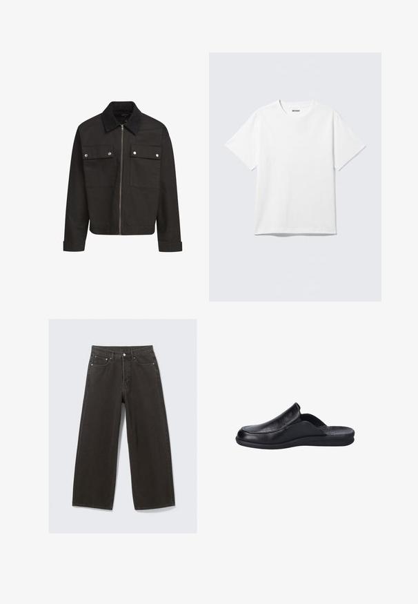 Chaqueta negra con cremallera y cuello de pana, dos bolsillos de solapa en el pecho con botones a presión plateados, y mangas largas con puños.; Camiseta blanca de manga corta con cuello redondo, colocada plana, diseño liso, con etiqueta "WEEKDAY" en el interior del cuello sobre un fondo claro.; Los vaqueros de mezclilla negros de pierna ancha cuentan con una cintura alta, diseño de cinco bolsillos y un cierre de botones. La tela tiene un acabado suave y texturizado.; Zapato negro tipo mocasín hecho de cuero con una textura suave, con puntera redondeada y suela de goma flexible. Diseño minimalista sin herrajes.