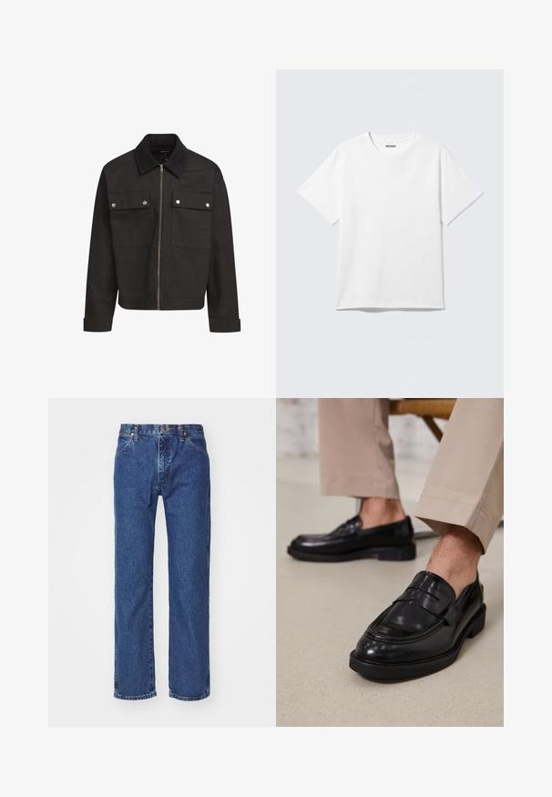 Sort lynlåsjakke med kordfløjlskrave, to brystlommer med klap og sølvtryklåse, samt lange ærmer med manchetter.; Hvid kortærmet crewneck T-shirt lagt fladt ud, ensfarvet design, med "WEEKDAY" mærkat inde i kraven på en lys baggrund.; Straight-leg blå denim jeans med frontknap, lynlås, bæltestropper og fem-lomme design på en ensfarvet hvid baggrund.; Sorte lædermokkasiner med en glat overflade, der har en dekorativ rem og kontraststing, parret med beige bukser.