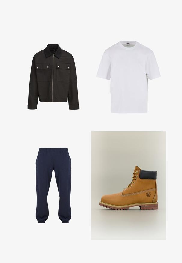Chaqueta negra con cremallera y cuello de pana, dos bolsillos de solapa en el pecho con botones a presión plateados, y mangas largas con puños.; Camiseta blanca de manga corta hecha de algodón. Presenta un cuello redondo y un ajuste holgado. Textura suave, diseño minimalista, sin patrones ni adornos.; Pantalones sudadera azul marino con cintura elástica y puños ajustados, confeccionados en tela suave, sin patrones ni herrajes visibles.; Bota de tobillo de cuero marrón con cuello negro, cordones amarillos y suela beige. Presenta un logotipo y detalles de costura blanca. Suela exterior con tracción robusta.