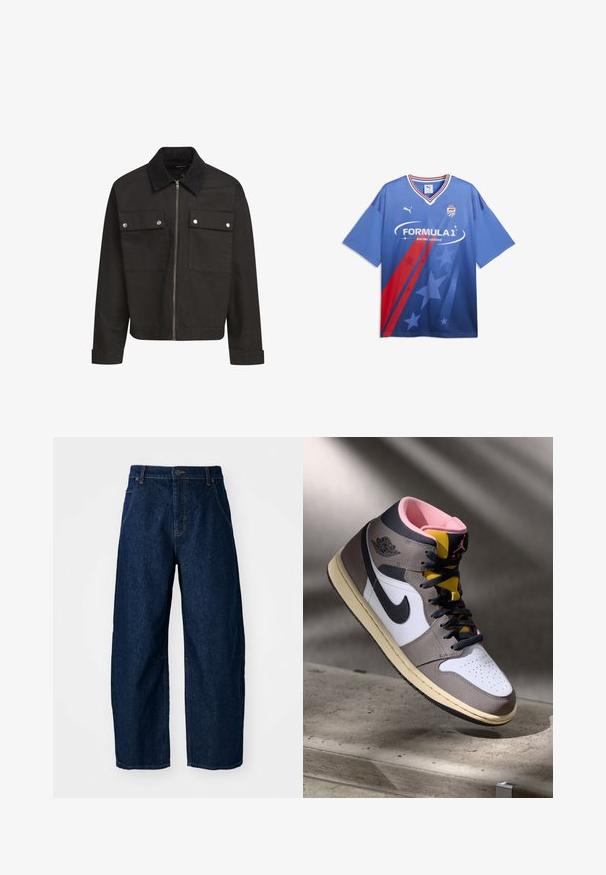 Zwarte ritssluiting jacket met corduroy kraag, twee borstflapzakken met zilveren drukknoopjes en lange mouwen met manchetten.; Blauw sportshirt met korte mouwen, rode diagonale strepen, grote sterren, Puma-logo, tekst 'Formula 1 Racing League' en F1-badge op de borst.; Wijdvallende donkere spijkerbroek met een hoge taille, voorzien van vijf zakken, een sluiting met een knoop aan de voorkant en zichtbare stikseldetails.; Hoog-top Nike Air Jordan sneaker in wit, grijs en zwart met een roze interieur en gele tong, geplaatst op een betonnen oppervlak.