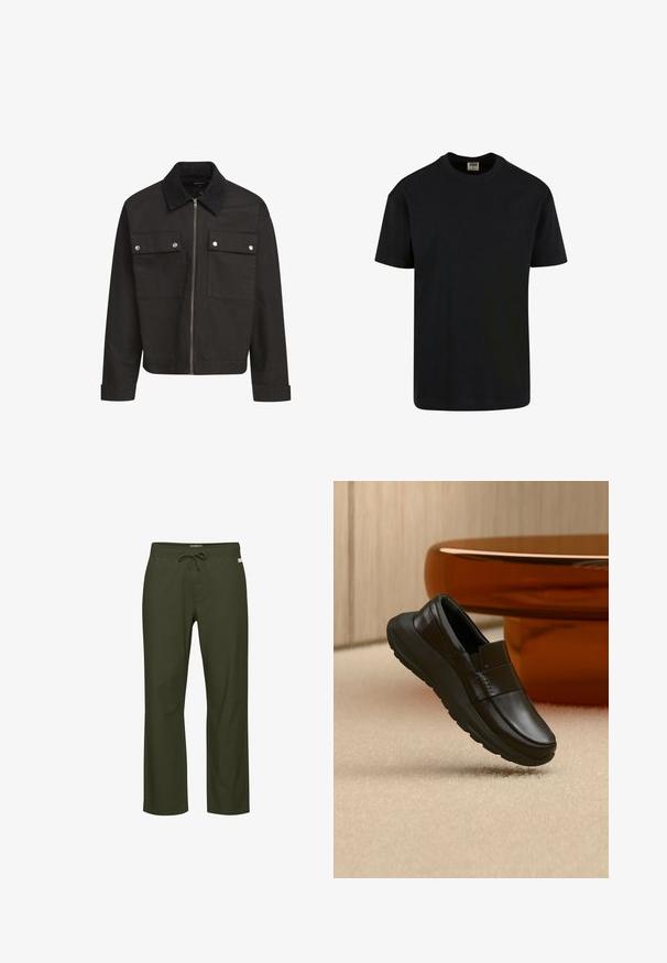 Sort lynlåsjakke med kordfløjlskrave, to brystlommer med klap og sølvtryklåse, samt lange ærmer med manchetter.; Urban Classics SHORTSLEEVE - T-shirts basic - black; Olivegrønne bukser med snor i taljen, lige ben, blød stoftekstur og en diskret logotag foran.; Sort læderloafer med tyk sål, vist over beige tæppe og nær en rund bordfod i ravfarve.