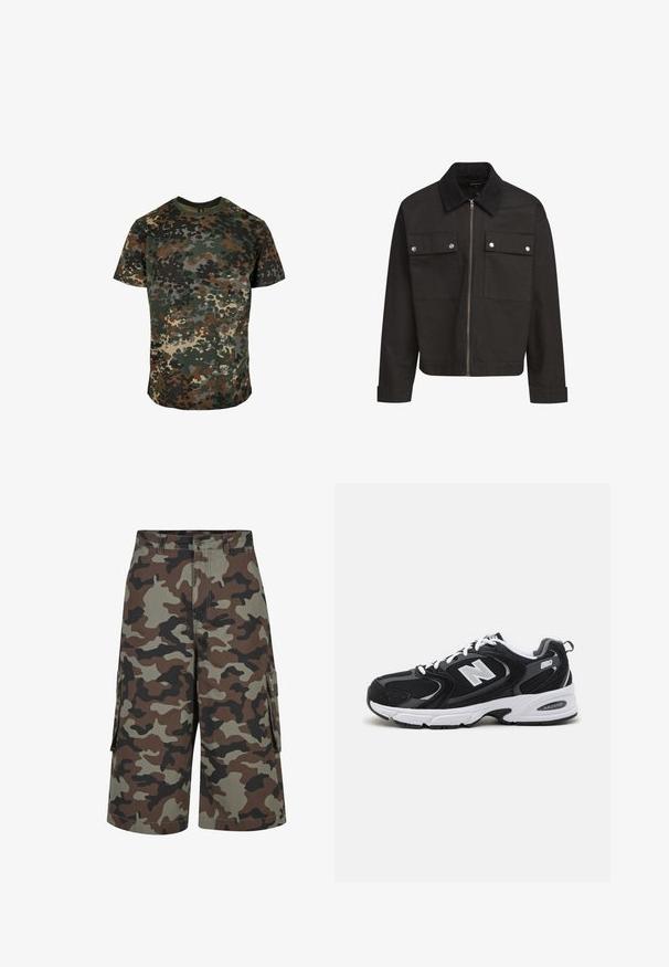 Zwarte ritssluiting jacket met corduroy kraag, twee borstflapzakken met zilveren drukknoopjes en lange mouwen met manchetten.; Camo t-shirt van katoen, met een meerkleurig patroon in groen, bruin en zwart. Ronde hals en korte mouwen.; Heren knieënhoge cargoshorts met groen, bruin en zwart camouflagepatroon, knoopsluiting en zijflapzakken.; Zwarte en grijze sport schoenen met een bovenwerk van mesh en suede, voorzien van een witte tussenzool, veters en een gedurfde "N"-logo aan de zijkant.