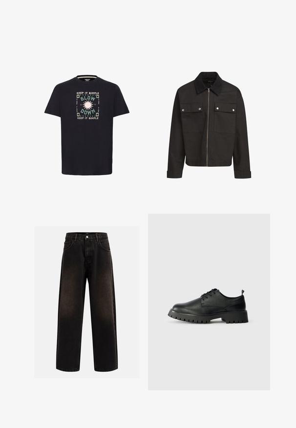 Veste zippée noire avec col en velours côtelé, deux poches poitrine à rabat avec boutons-pression en argent, et manches longues avec poignets.; T-shirt en coton noir avec un design graphique coloré portant le texte "GARDONS ÇA SIMPLE" et "RALENTIS" entouré de motifs circulaires.; Jeans en denim noir avec une coupe décontractée, comprenant des passants de ceinture, un design à cinq poches et une fermeture à bouton. Tissu texturé avec un léger effet de décoloration.; Chaussures en cuir noir à lacets avec un bout arrondi, surface texturée et semelle en caoutchouc épaisse dotée de profondes rainures pour une meilleure adhérence.