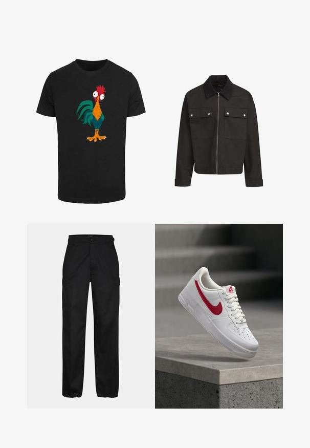 Zwarte ritssluiting jacket met corduroy kraag, twee borstflapzakken met zilveren drukknoopjes en lange mouwen met manchetten.; Zwarte T-shirt met een kleurrijk cartoon-haan ontwerp met overdreven kenmerken en grote ogen, met oranje, groene en rode accenten.; Zwarte cargobroek met een rechte pasvorm, voorzien van zijzakken, een knoopsluiting en elastische boorden bij de enkels. Gemaakt van duurzaam materiaal.; Witte Nike Air Force 1 sneaker met rood swoosh-logo zwevend boven een betonnen rand en trappen op de achtergrond.