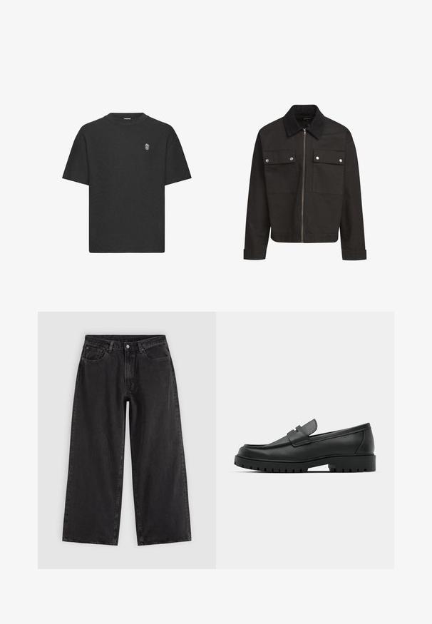 Sort lynlåsjakke med kordfløjlskrave, to brystlommer med klap og sølvtryklåse, samt lange ærmer med manchetter.; Sort kortærmet t-shirt i et tekstureret stof, med rund hals og et diskret broderet logo på brystet.; Sorte denim jeans med vide ben, forlommer, bæltestropper og knaplukning, vist på en ensfarvet lys baggrund.; Sorte læder loafers med rund tå, der har et syet design, lav platformssål og en struktureret, skridsikker gummisål.