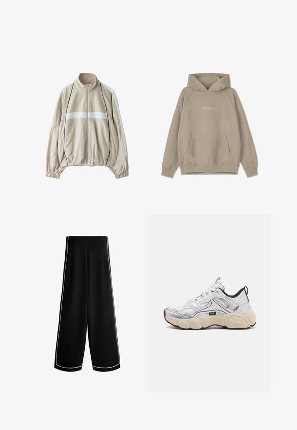 Veste beige zippée avec bande horizontale blanche sur la poitrine, bandes blanches aux manches, passepoil noir, poignets élastiques et ourlet froncé.; Haut à capuche beige avec poche kangourou, capuche à cordon de serrage et poignets côtelés. Présente une broderie de logo discrète sur le devant et la manche.; Pantalon noir à jambes larges, taille haute avec un liseré blanc le long des coutures latérales et des ourlets, présenté sur un fond blanc.; Baskets blanches avec des panneaux en maille et en synthétique, accents argentés, semelle crémeuse épaisse et détails noirs contrastants. Possède un système de laçage.