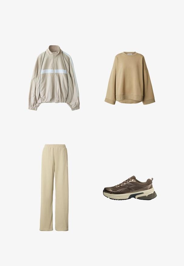 Beige jas met ritssluiting met witte horizontale streep over de borst, witte strepen op de mouwen, zwarte bies, elastische boorden en een gerimpelde zoom.; Beige sweatshirt gemaakt van zachte stof, met een losse pasvorm, verlaagde schouders en een geribbelde halslijn en manchetten. Eenvoudig, minimalistisch ontwerp.; Beige geribbelde wijde broek met elastische tailleband en subtiel klein wit logo op de bovenkant van de dij.; Bruine mesh sportschoen met beige dikke zool en zwarte profiel, gedetailleerde zijstrepen en veters, gezien vanaf de buitenkant.