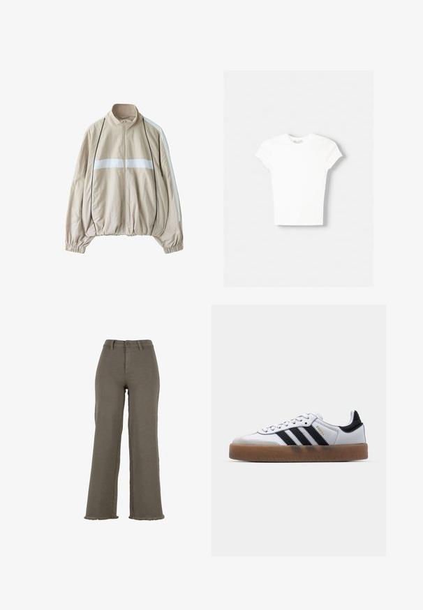 Beige Reißverschlussjacke mit weißem horizontalem Streifen über der Brust, weißen Streifen an den Ärmeln, schwarzer Paspel, elastischen Bündchen und gesammeltem Saum.; Weißes kurzärmliges T-Shirt aus weicher Baumwolle, mit Rundhalsausschnitt und figurbetonter Form. Keine sichtbaren Muster oder Verzierungen.; Weit geschnittene Hosen mit hoher Taille in Olivgrün mit Knopf- und Reißverschluss, Gürtelschlaufen und ausgefransten Säumen.; Weiße Leder Sneakers mit schwarzen Streifen, Gummigummi-Außensohle, runder Zehenform, Schnürverschluss und weichem grauem Wildleder-Zehenkappe.