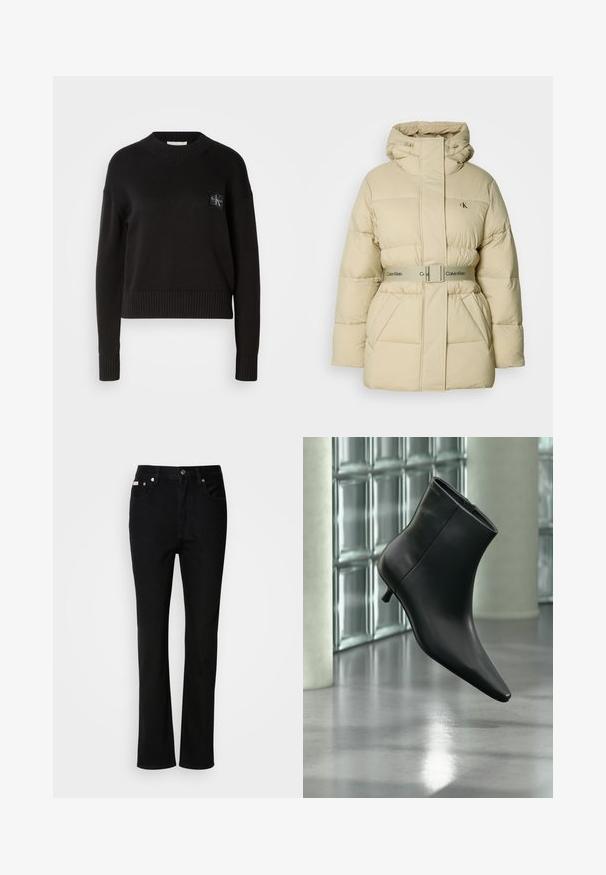 Beige pufferjakke med hætte, quiltet design, bælte om taljen og dobbelte forlommer. Har et diskret logo på brystet og en glat tekstur.; Sort strikket sweater med rund hals, ribbede manchetter og kant. Har et lille firkantet logo-patch på venstre bryst. Casual fit.; Sorte lige ben jeans med frontknap og lynlås, belteklip og fem-lomme design.; Sort læderankelstøvle med spids tå og lav kitten-hæ, vist vinklet mod en poleret gulv- og glasblokvæg.
