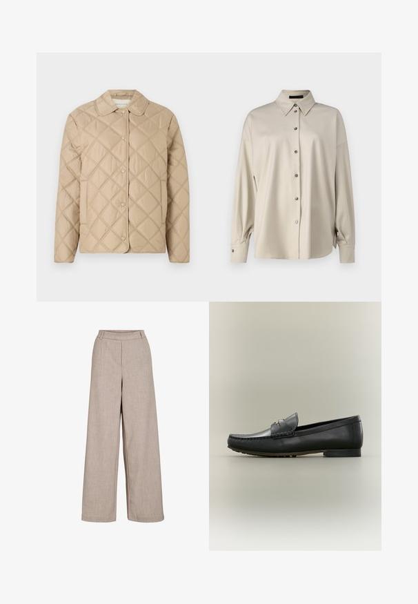 Beige quiltet jakke med diamantmønster, rund krave, trykknaplukning og lange ærmer. Glat tekstur og let udseende.; DRYKORN LYSILA - Skjortebluser - brown; Beige brede bukser lavet af letvægtsstof. Har en glat tekstur, en tætsiddende talje og sidelommer for funktionel detaljer.; Sort læderloafer med mokkasyning, lav hæl og guldfarvet metaldetalje på remmen, vist i profil på beige baggrund.