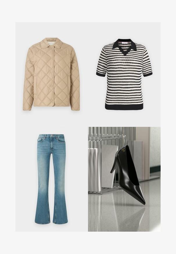 Beige quiltet jakke med diamantmønster, rund krave, trykknaplukning og lange ærmer. Glat tekstur og let udseende.; Kortærmet sort og hvidstribet strikket top med sort krave, V-udskæring og ribstrikkede manchetter og kant.; Udsvingede blå denimjeans med lys vask, fem lommer, broderede detaljer og en talje med knap- og lynlås lukning.; Sort højhælet sko med spids tå og guldlogo, placeret på en reflekterende overflade nær en krom trådfilholder med dokumenter.