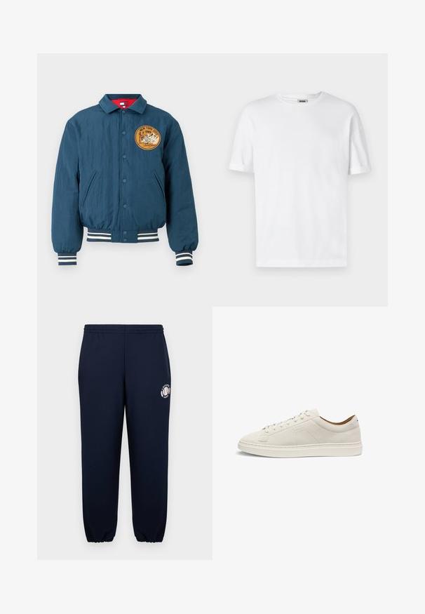 Chaqueta bomber azul marino con botones en la parte frontal, puños y dobladillo acanalados. Presenta un parche bordado redondo con "Nueva York 1985" y un diseño de montaña.; Camiseta de algodón blanca con cuello redondo, mangas cortas y puños enrollados; diseño sin adornos, textura suave y corte recto.; Pantalones de chándal azul marino hechos de suave algodón, con puños y cinturilla elásticos. Presentan un logotipo blanco de Lacoste Paris en la pierna izquierda.; Zapatilla baja de ante beige con cordones a juego, suela plana y sutil logo "BOSS" en relieve en el lateral, presentada en vista lateral.