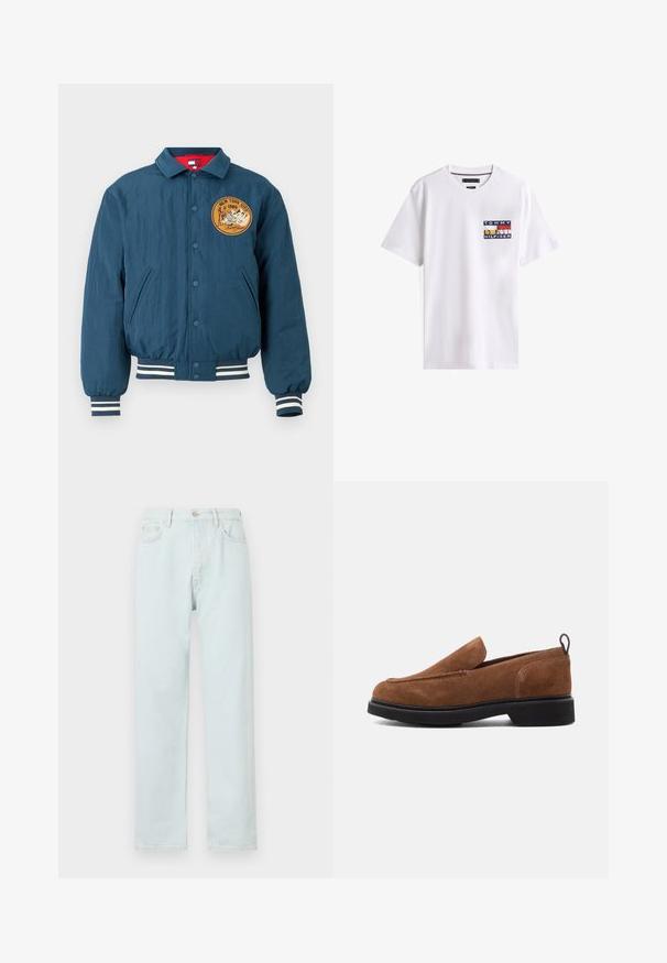 Marineblå bomberjakke med knaplukning, ribbede håndled og kant. Har et rundt broderet mærke med "New York City 1985" og bjergdesign.; Hvid bomulds t-shirt med en farverig, rektangulær grafik med teksten "TOMMY HILFIGER". Korte ærmer og rund hals.; Lyseblå lige bukser lavet af denim, med knaplukning, diskret slid, og fem-lomme design.; Brune ruskind slip-on sko med rund tå, sort gummisål og en lille hæl. Har dekorativ syning på overdelen.