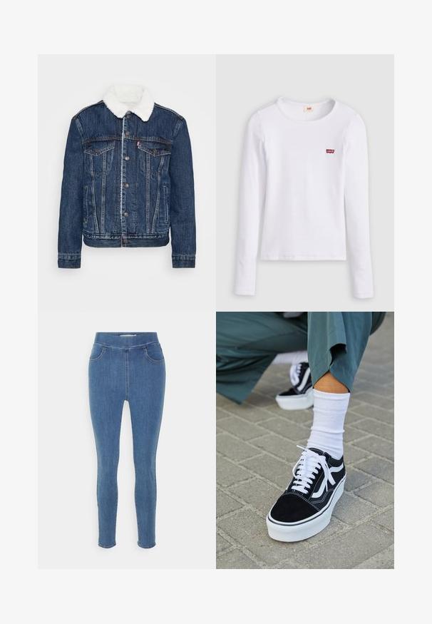 Chaqueta de mezclilla en azul oscuro con un cuello de forro polar blanco, dos bolsillos en el pecho y cierres de botón clásicos. Presenta una textura desgastada.; Camiseta blanca de manga larga Levi's con cuello redondo y pequeño logo rojo de Levi's en el pecho izquierdo, presentada sobre un fondo liso.; Jeggings de denim azul con una textura suave, cintura alta, diseño de cinco bolsillos y piernas ajustadas. Largo estándar con un dobladillo liso.; Zapatillas de ante negro con acentos y cordones blancos, que cuentan con una gruesa suela blanca y costuras en contraste, combinadas con un calcetín blanco.