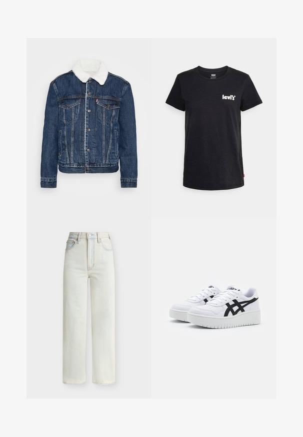 Chaqueta de mezclilla en azul oscuro con un cuello de forro polar blanco, dos bolsillos en el pecho y cierres de botón clásicos. Presenta una textura desgastada.; Camiseta de algodón negra con cuello redondo, mangas cortas y un logo blanco de Levi's en el lado izquierdo del pecho. Textura suave, ajuste estándar.; Vaqueros vaqueros de pierna recta y cintura alta en lavado azul claro con botón delantero, cremallera y diseño de cinco bolsillos.; Zapatillas blancas con una superficie texturizada, franjas laterales negras y una suela blanca gruesa. Presentan un diseño de cordones y un logo en la lengüeta.