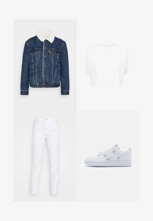 Chaqueta de mezclilla en azul oscuro con un cuello de forro polar blanco, dos bolsillos en el pecho y cierres de botón clásicos. Presenta una textura desgastada.; Camiseta blanca corta, de mangas cortas, con cuello redondo, hecha de una tela suave, sin patrones visibles ni herrajes distintivos.; Jeans de mezclilla blanca con corte ajustado, que cuentan con una cinturilla estándar, trabillas para cinturón, cinco bolsillos y un cierre clásico de botón.; Nike Sportswear AIR FORCE 1 - Zapatillas - white/hyper royal/black