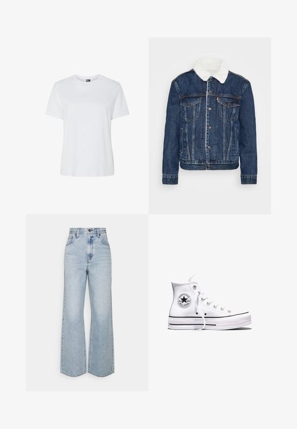 Chaqueta de mezclilla en azul oscuro con un cuello de forro polar blanco, dos bolsillos en el pecho y cierres de botón clásicos. Presenta una textura desgastada.; Camiseta blanca lisa de manga corta y cuello redondo, mostrada sobre un fondo blanco sin patrones ni logotipos visibles.; Jeans anchos de mezclilla de un azul claro con una cintura alta, diseño clásico de cinco bolsillos y costuras en contraste. Detalle de dobladillo sin terminar en la parte inferior.; Zapatilla Converse Chuck Taylor All Star blanca de caña alta con rayas negras y parche de logo en el lateral, mostrada sobre un fondo blanco liso.
