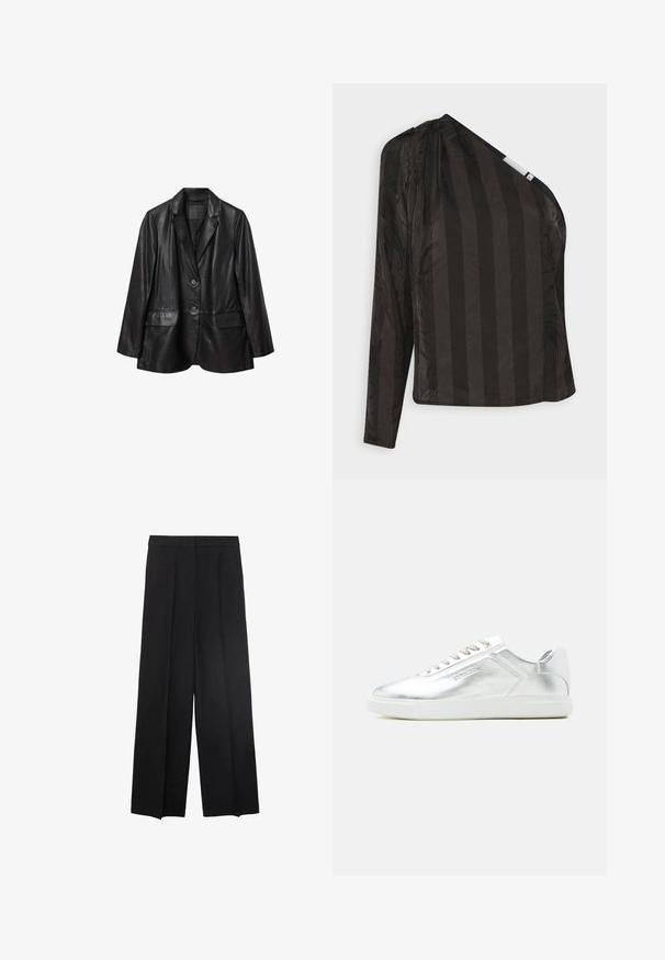 Sort læderblazer med skarp krave, en enkelt knaplukning og to forlommer. Har en glat overflade og en afslappet pasform.; La Strada Unica SATINA ONE SHOULDER - Bluse - black; Bredde ben sorte bukser med en glat tekstur, med plisseringer foran og en høj talje-design. Ingen synlige lommer eller hardware.; Lavtskåret metallic sølv sneaker med hvid sål og snørebånd, glat tekstur og subtil præget branding på siden.