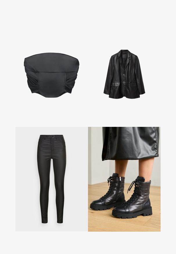 Sort læderblazer med skarp krave, en enkelt knaplukning og to forlommer. Har en glat overflade og en afslappet pasform.; Sorte faux læder cropped top med sammensat tekstur og en struktureret form, der har en glat overflade og minimale sydetaljer.; Vero Moda VMSANDRA COATED - Bukser - black; Sorte læder ankelstøvler med et struktureret quiltet overdæk, snørebåndsdesign og en kraftig gummisål med mønstrede detaljer.