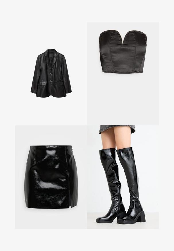 Blazer en cuir noir avec col à revers, fermeture à bouton unique et deux poches avant. Présente une texture lisse et une coupe décontractée.; Vero Moda VMSALLY CROPPED SIMILI CORSAGE - Débardeur - black; Mini-jupe noire en matériau brillant. Comprend une fermeture éclair sur le côté et une fente sur le côté droit pour un détail et un design supplémentaires. Texture lisse.; Bottes noires, brillantes, montantes jusqu'aux genoux, avec un bout carré et un talon épais. Présentent une fermeture éclair latérale et un design ajusté en texture.
