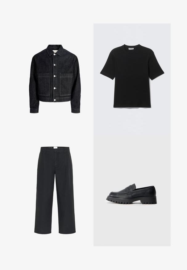 Zwarte spijkerjas met knopen aan de voorkant, twee grote voorzakken, een kraag en lange mouwen.; Zwart T-shirt met korte mouwen en ronde hals, met een label "WEEKDAY" aan de binnenkant van de kraag, plat neergelegd op een lichte achtergrond.; Matinique MACHINO PLEAT 73 - Broek - black; Zwarte leren instappers met een ronde neus, voorzien van een decoratieve riem en een stevige rubberen zool met diepe groeven voor grip.
