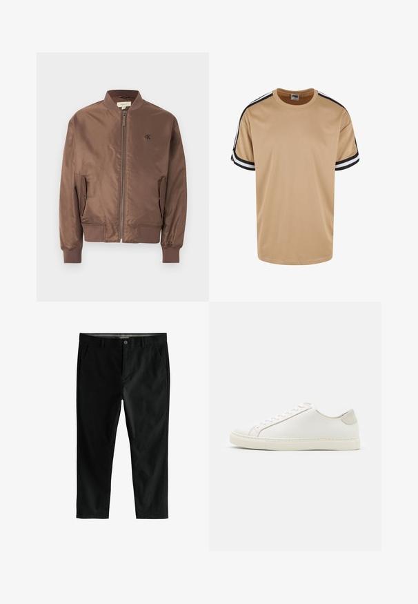 Ruskea bomber-takki, jossa edessä vetoketju, ribbineulos kaulus, hihansuut ja helma, sivutaskujen läpät sekä pieni "cK"-logo vasemmalla rinnalla.; Klassinen vaaleanruskea verkkopaita lyhyillä hihoilla. Musta-valkoiset raidat olkasaumassa. Pyöreä kaula-aukko ja löysä istuvuus. Pehmeä rakenne.; Mustat chinoket, joissa on suora lahje muotoilu, valmistettu puuvillakankaasta, joissa on sivutaskut ja etupainike suljenta. Ei näkyviä kuvioita tai koristeita.; Valkoinen nahkakengät, joissa on sileä pinta, pyöreä kärki ja minimalistiinen muotoilu. Varressa beige-yksityiskohtia ja kumipohja.