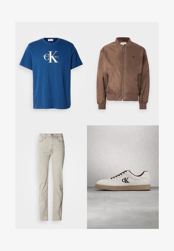 Braune Bomberjacke mit frontalem Reißverschluss, geripptem Kragen, Bündchen und Saum, seitlichen Klappentaschen und kleinem "cK"-Logo auf der linken Brust.; Blaues Baumwoll-T-Shirt mit rundem Ausschnitt, kurzen Ärmeln und einem weißen "CK"-Logo mit dem Text "Calvin Klein" in kontrastierendem Hellgrün darunter.; Beige Denim-Jeans mit geradem Bein, Fünf-Taschen-Stil und Knopfverschluss. Verfügt über eine dezente Textur und minimale Ziernähte.; Weißer Sneaker mit braunen Akzenten, Veloursledermaterial, flachen Schnürsenkeln und einer Gummisohle. Verfügt über ein Logo an der Seite und eine glatte Textur.