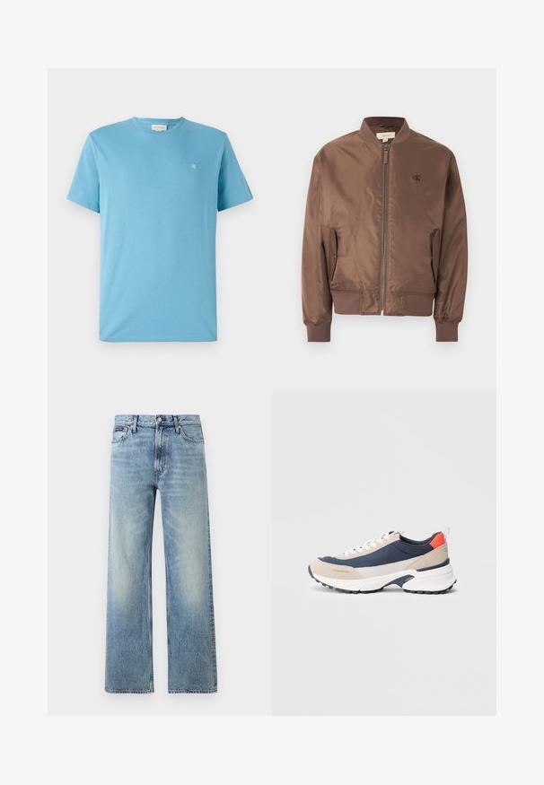 Hnedá bomber bunda so zipsom vpredu, rebrovaným golierom, manžetami a lemom, bočnými vreckami s chlopňou a malým logom "cK" na ľavej strane hrude.; Svetlomodré bavlnené tričko s okrúhlym výstrihom, krátkymi rukávmi a malým bielym logom v hornej ľavej časti hrudníka. Hladká textúra.; Svetlomodré riflové nohavice s rovnými nohavicami, vysokým pásom, piatimi vreckami, zapínaním na gombík a jemným vyblednutím na stehnách a kolenách.; Bežovo-námorníkové topánky s šedými akcentmi, s textúrovaným zvrškom, bielymi šnúrkami, vystuženou podrážkou a červeným pútkom na päte.