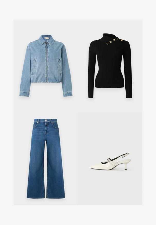 Lyseblå denimjakke med krave, lynlåslukning, cropped design, to sidelommer og syningdetaljer på ærmerne.; Sort ribstrikket sweater med høj hals og guldfarvede pyntedetaljer ved halsen. Lange ærmer med en tætsiddende pasform.; Vidbenede denimjeans i mellemblå, lavet af robust bomuldsstof. Har en taljebånd med knapper, fem lommer og lige nedkanter.; Spidse slingback sko i blank hvid læder med to justerbare spænder og en 6 cm stiletto hæl.