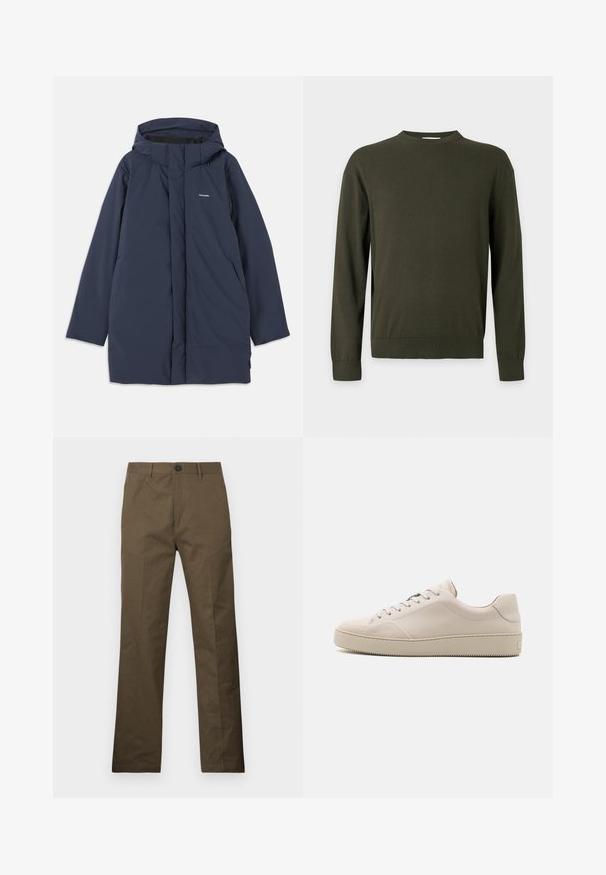 Marineblauwe waterdichte parka-jack met capuchon, voorzien van een voorrits, twee zijzakken en een minimalistisch merklogo op de borst.; Effen donkergroene trui met lange mouwen en ronde hals, met geribbelde boorden bij de manchetten en zoom, afgebeeld tegen een lichtgrijze achtergrond.; Bruine katoenen broeken met een rechte pasvorm, voorzien van een knoopsluiting en zijzakken, weergegeven tegen een witte achtergrond.; Beige leren sneakers met een gladde afwerking, ronde neus, platte zool en klassiek vetersluiting ontwerp. Subtiele stiksels en een gestructureerde buitenzool.