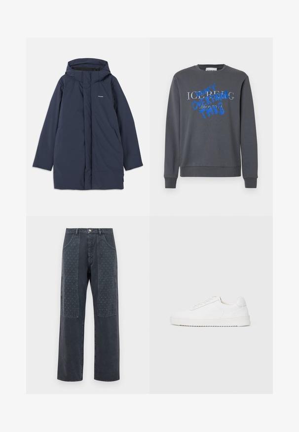 Marineblauer wasserdichter Parkajacke mit Kapuze, ausgestattet mit einem Frontreißverschluss, zwei seitlichen Taschen und einem minimalistischen Markenlogo auf der Brust.; Iceberg FELPA - Sweatshirt - grigio scuro; Dunkelgraue Jeans mit weitem Bein, die auf der Vorderseite dekorative Patches mit dezentem floralem Muster und klassischen Taschenverzierungen aufweisen.; Weißer Sneaker mit einem Obermaterial aus glattem Leder, abgerundetem Zehenbereich, Schnürsenkeln, strukturierten seitlichen Akzenten und einer dicken Gummisohle. Minimalistisches Design.