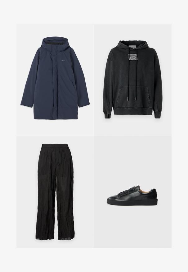 Parka imperméable bleu marine avec capuche, dotée d'une fermeture éclair à l'avant, de deux poches latérales et d'un logo de marque minimaliste sur la poitrine.; Iceberg Sweat à capuche - nero; Pantalons larges en lin noir avec une finition texturée. Dotés d'une taille élastique et de plis discrets.; Baskets en cuir noir avec une texture lisse, bout rond et fermeture à lacets. Comprend une semelle en caoutchouc épaisse et un minimum de détails de marque.