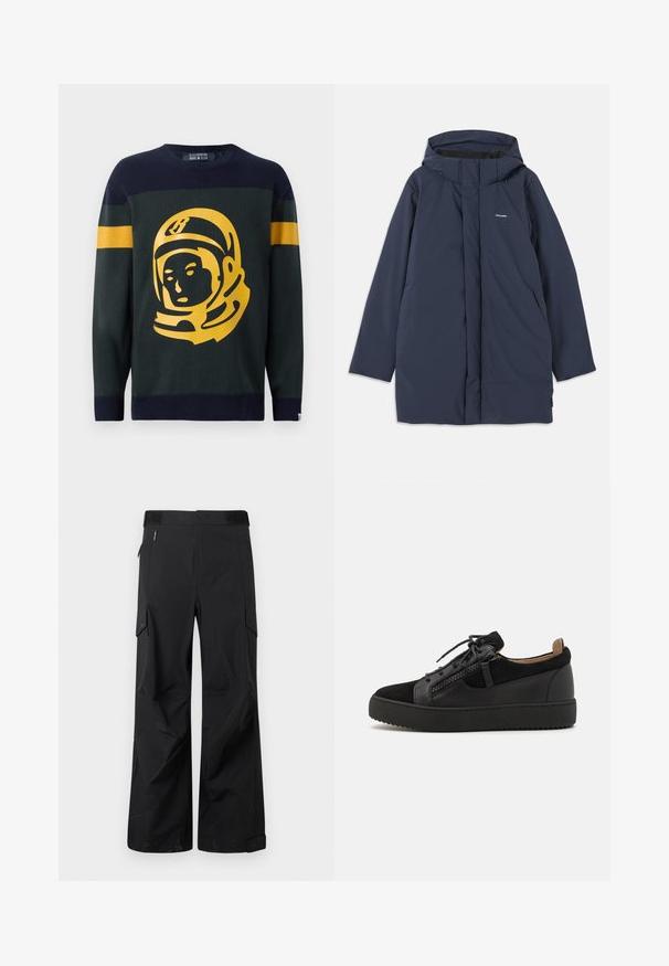 Marineblå vandtæt parka-jakke med hætte, der har en frontlynlås, to sidelommer og et minimalistisk brandlogo på brystet.; Strikket sweater i mørkegrøn og marineblå. Har en iøjnefaldende gul astronautgrafik på fronten, med stribede detaljer på ærmerne.; Sorte cargo-bukser lavet af et glat, vandafvisende stof. Har brede ben, flere sidelommer og en flad talje med diskret branding.; Giuseppe Zanotti DOUBLE ZIP - Sneakers - black