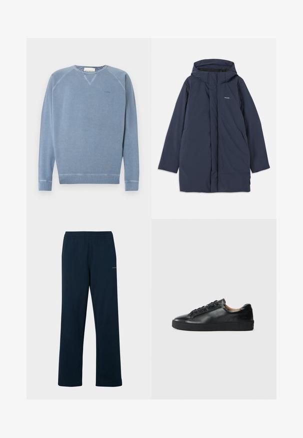Parka imperméable bleu marine avec capuche, dotée d'une fermeture éclair à l'avant, de deux poches latérales et d'un logo de marque minimaliste sur la poitrine.; Sweat-shirt à col rond bleu clair avec manches longues, poignets et ourlet côtelés, logo "CLOSED" discret sur le côté gauche de la poitrine.; Un pantalon de survêtement bleu marine en tissu doux, avec une taille élastique et une coupe ample. Pas de motifs visibles ni de détails métalliques.; Baskets en cuir noir avec une texture lisse, bout rond et fermeture à lacets. Comprend une semelle en caoutchouc épaisse et un minimum de détails de marque.