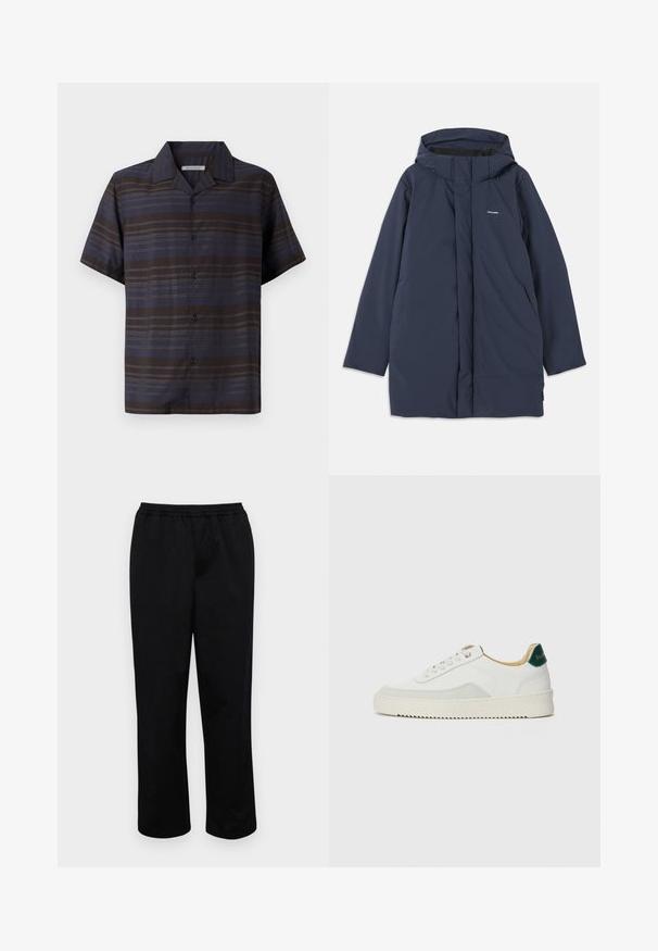 Marineblå vandtæt parka-jakke med hætte, der har en frontlynlås, to sidelommer og et minimalistisk brandlogo på brystet.; Kortærmet skjorte i mørkeblå og brun med lodrette striber, knaplukning foran, spidse krave og glat stofstruktur.; Sorte, mellemlange bukser med elastisk talje. Lavet af glat stof, har en afslappet pasform og ingen synlige lommer eller udsmykninger.; Hvide sneakers med ruskindsdetaljer, rund tå, flade snørebånd og en cremet gummisål. Har grøn branding på hælen.