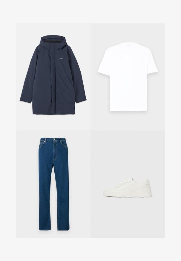 Parka imperméable bleu marine avec capuche, dotée d'une fermeture éclair à l'avant, de deux poches latérales et d'un logo de marque minimaliste sur la poitrine.; T-shirt en coton blanc avec un col rond, des manches courtes et une coupe décontractée. Texture lisse, détails minimaux, sans motifs ni graphiques.; Jean en denim bleu avec une taille haute, une coupe droite, un style à cinq poches et des coutures orange contrastées. Texture lisse.; Baskets basses en cuir blanc avec fermeture à lacets, languette de talon texturée et semelle en caoutchouc blanc légèrement rainurée sur un fond clair uni.
