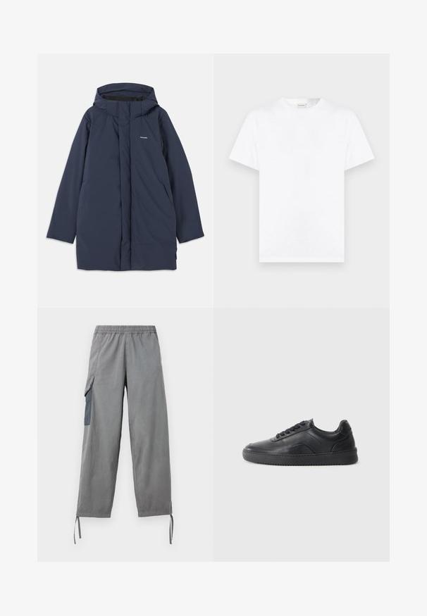 Parka imperméable bleu marine avec capuche, dotée d'une fermeture éclair à l'avant, de deux poches latérales et d'un logo de marque minimaliste sur la poitrine.; T-shirt blanc uni à manches courtes et col rond, présenté sur un fond gris neutre.; Pantalons cargo légers gris avec taille élastique, poches latérales, bas ajustables et texture lisse.; Chaussure de sport en cuir noir avec une finition lisse, bout arrondi, panneau latéral texturé et lacets noirs. Présente une semelle en caoutchouc plate et un design minimaliste.