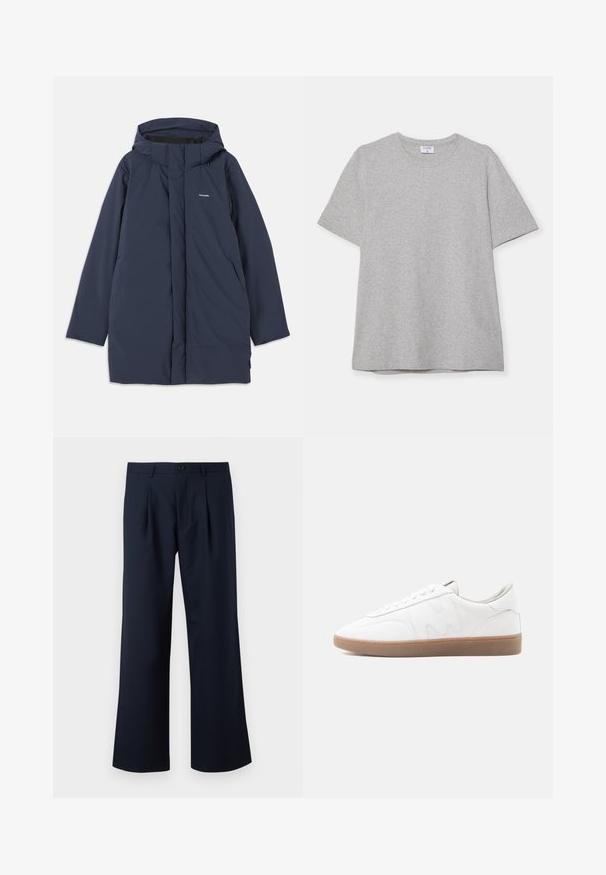 Námornícka modrá vodoodolná parka s kapucňou, disponujúca predným zipsom, dvoma bočnými vreckami a minimalistickým logo značky na hrudi.; Sivá krátke rukávové tričko vyrobené z mäkkej, textúrnej látky. Má klasický okrúhly výstrih a rovný lem, ideálne na neformálne nosenie.; Námornícky modré nohavice s prispôsobeným strihom, širokým strihom, prednými záhybmi a jedným gombíkom na zapínanie v páse. Hladká textúra látky.; Biela nízka teniska s podrážkou z gumovej gumy, prešitými detailmi a zaväzovaním na šnúrky na neutrálnom pozadí.