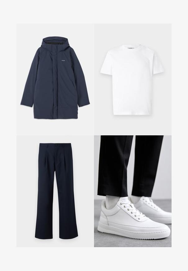 Námornícka modrá vodoodolná parka s kapucňou, disponujúca predným zipsom, dvoma bočnými vreckami a minimalistickým logo značky na hrudi.; Biely bavlnený tričko s okrúhlym výstrihom a krátkymi rukávmi. Obsahuje malé reliéfne logo na ľavej hrudi. Hladká textúra.; Námornícky modré nohavice s prispôsobeným strihom, širokým strihom, prednými záhybmi a jedným gombíkom na zapínanie v páse. Hladká textúra látky.; Biele kožené tenisky s plochou gumovou podrážkou, s hladkým povrchom, okrúhlou špičkou a kovovými očkami na šnúrky. Nosené s čiernymi nohavicami.