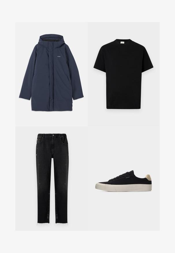 Marineblauer wasserdichter Parkajacke mit Kapuze, ausgestattet mit einem Frontreißverschluss, zwei seitlichen Taschen und einem minimalistischen Markenlogo auf der Brust.; Schwarzes Baumwoll-T-Shirt mit rundem Ausschnitt, kurzen Ärmeln und geradem Schnitt. Keine sichtbaren Muster oder Hardwaredetails.; Schwarze Jeans aus Denim mit elastischem Bund, geradem Schnitt, abgetragenen Details und fransigem Saum. Mit Taschen und Knopfverschluss.; Schwarzer Low-Top-Sneaker mit beigem Fersenlasche, weißer dicker Gummisohle, schwarzen Schnürsenkeln und kleinem "PS Paul Smith"-Label an der Seite.