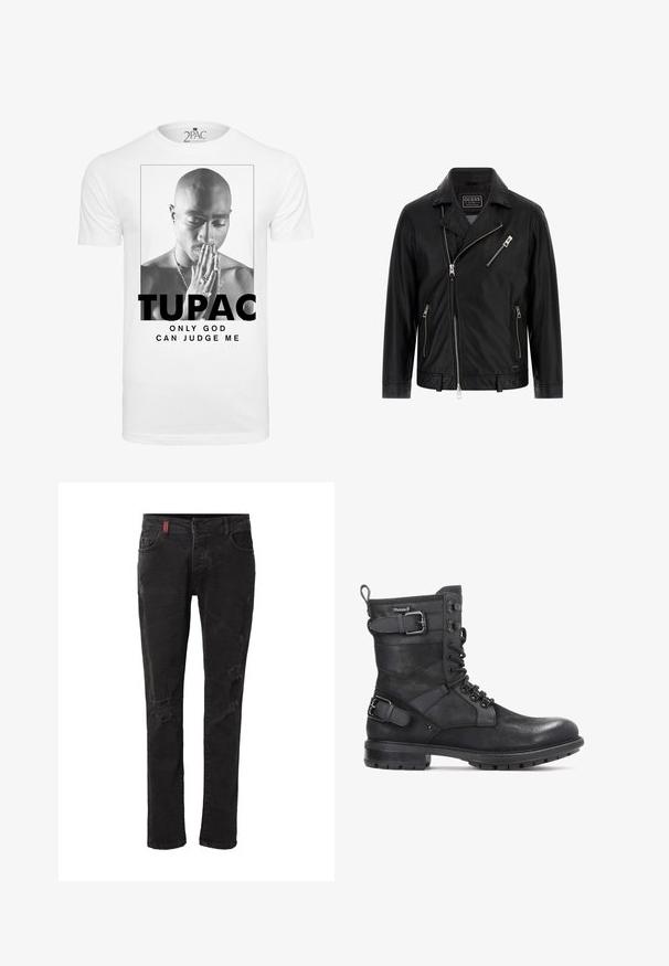 Schwarze Leder-Motorradjacke mit Reverskragen, asymmetrischem Frontreißverschluss, zwei seitlichen Taschen und einer kleinen Brusttasche mit Reißverschlussdetails.; Weißes Baumwoll-T-Shirt mit einem schwarz-weißen Grafikmotiv eines Mannes, der die Hände zum Gebet zusammenhält, mit dem Text "TUPAC" und "NUR GOTT KANN MICH VERURTEILEN."; Schwarze Slim-Fit-Jeans mit distressed Stellen an den Vorderoberschenkeln und Knien, mit Vordertaschen und Gürtelschlaufen.; Kazar HEARD - Cowboy-/Bikerstiefelette - black